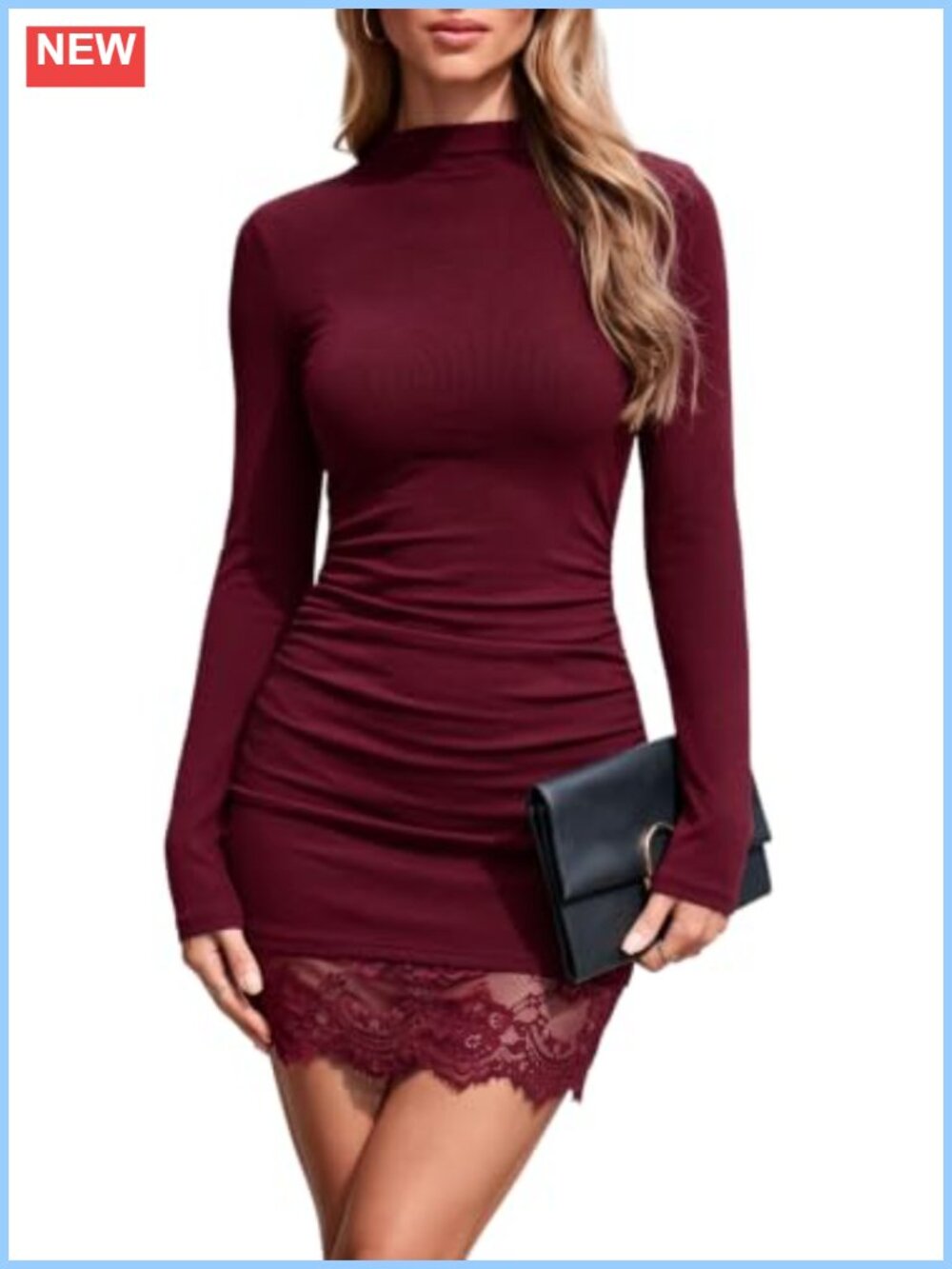 Mock Neck Lace Hem Bodycon Mini Dress Long Sleeve Ruched Party
